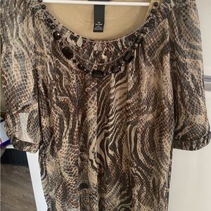 Maggie Barnes Graphic Embellished Blouse in Brown and Tan